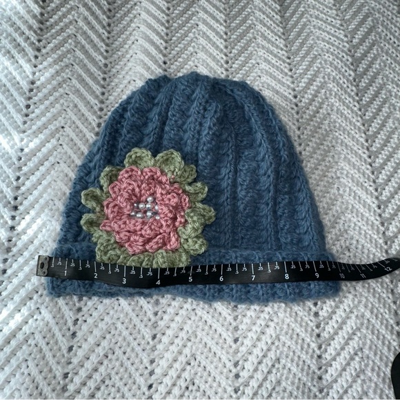Handmade Crocheted Blue Hat with rose and sage flower and Pearl details - nwot - Picture 2 of 6